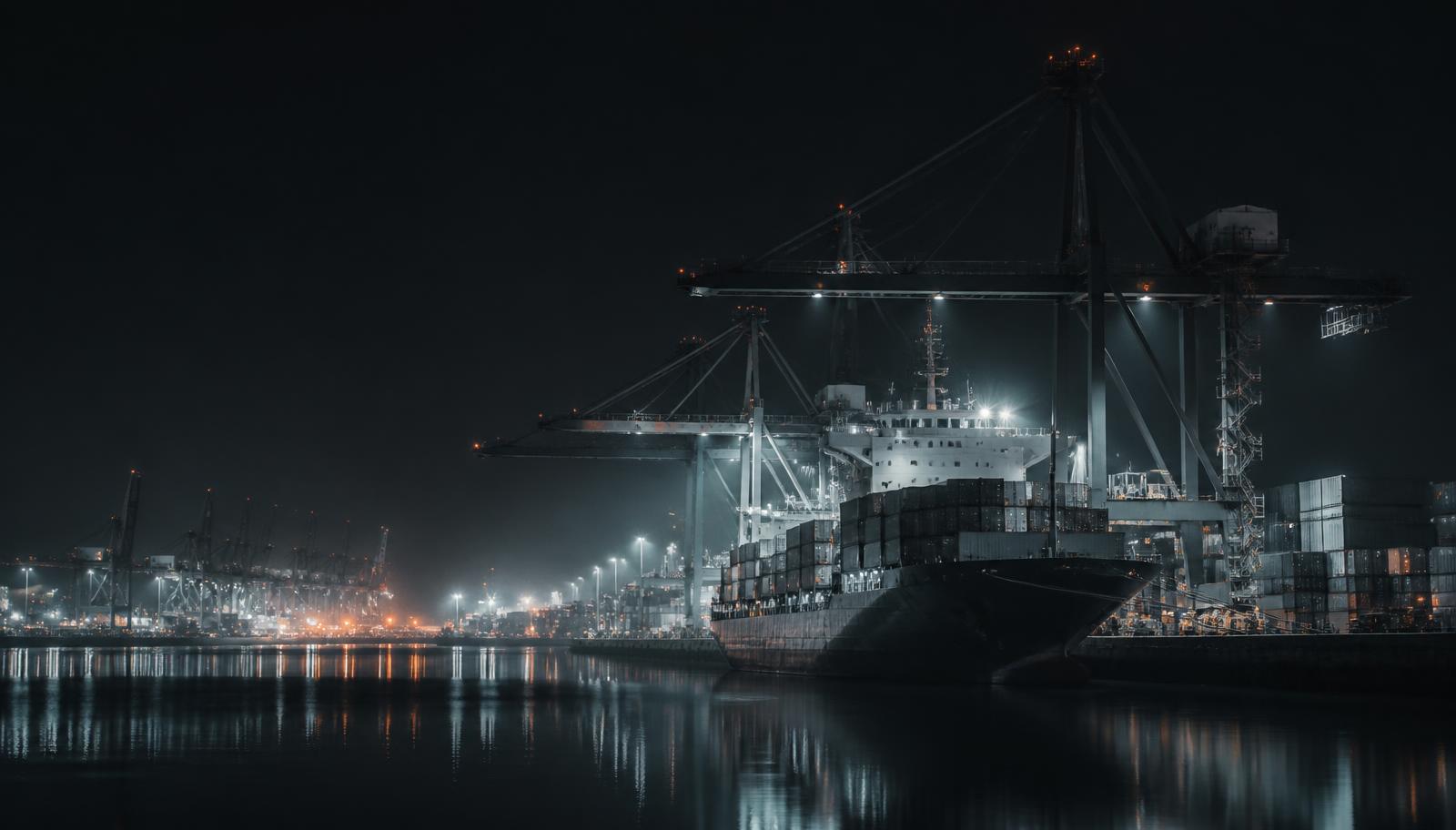 HM Cargo Port Operations & Sea Freight Night port with cranes and a moored cargo vessel