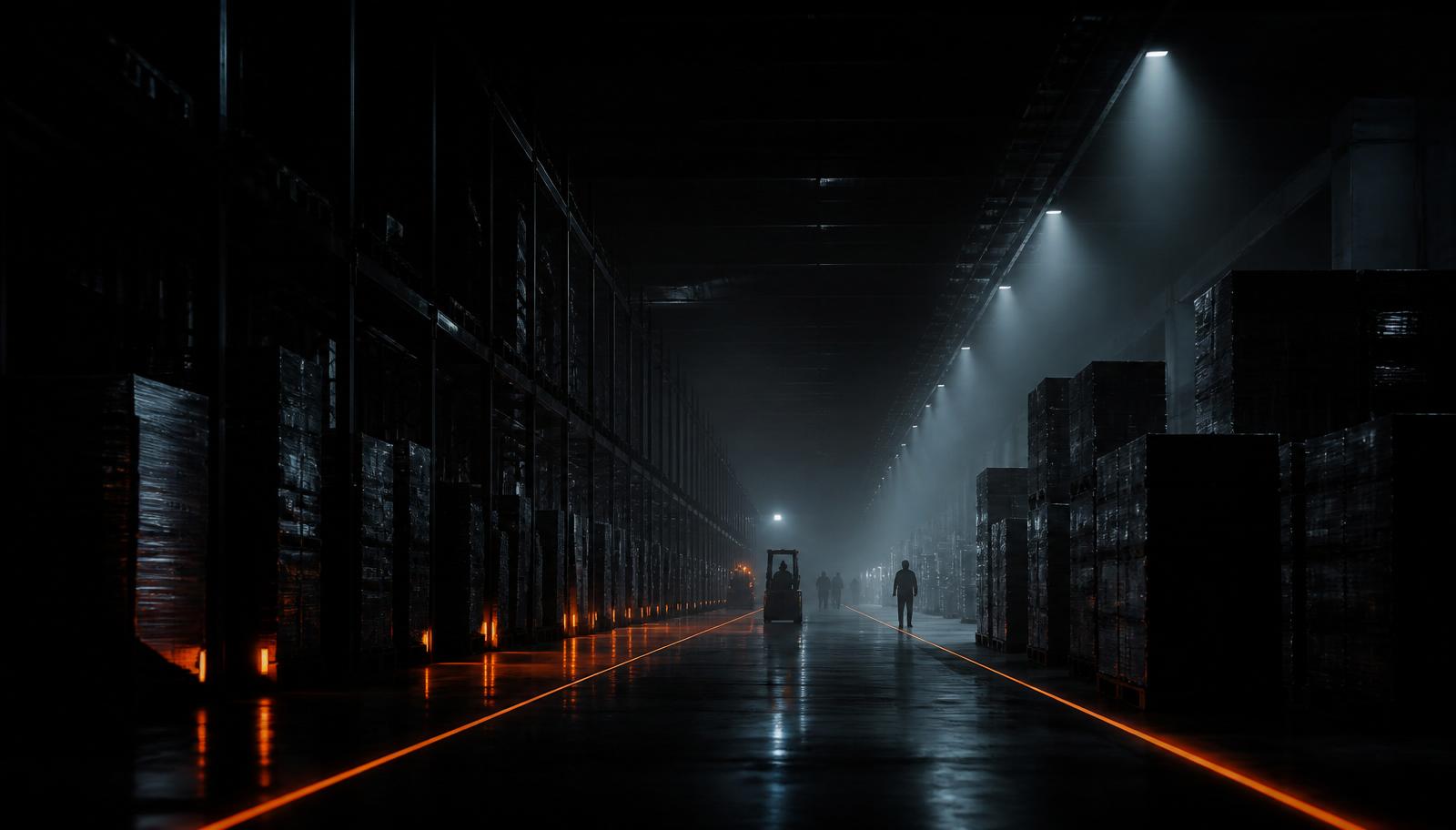 HM Cargo Warehouse & Storage Facilities Dark industrial warehouse with orange guide lights