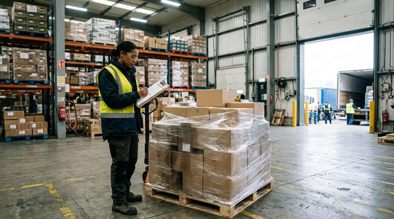 A freight worker checking a clipboard beside a strapped and labelled pallet inside a warehouse A freight worker checking a clipboard beside a strapped and labelled pallet inside a warehouse